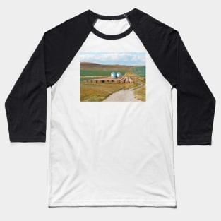 Grain silo with crop wheat rolls in Alberta. Canadian prairie landscape in autumn season. Baseball T-Shirt